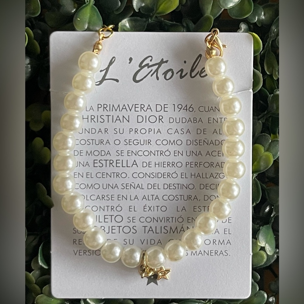 Elegant Dior upcycled Faux Pearl Bracelet with Star charm and card